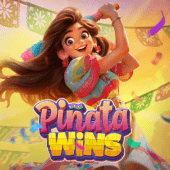 Pinata Wins slot game interface showing colorful fiesta theme with vibrant pinatas, celebration symbols, candy, and festive decorations